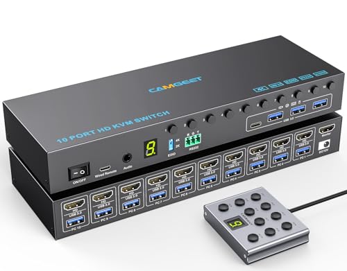 Image of 10 Port 8 Port HDMI KVM Switch 4K@60Hz EDID Simulation, USB3.0 KVM Switch HDMI for 10 Computers Share 1 Monitor and 4 USB Devices, KVM Switches with Audio RS232 Wired Remote 12V Power and USB Cable