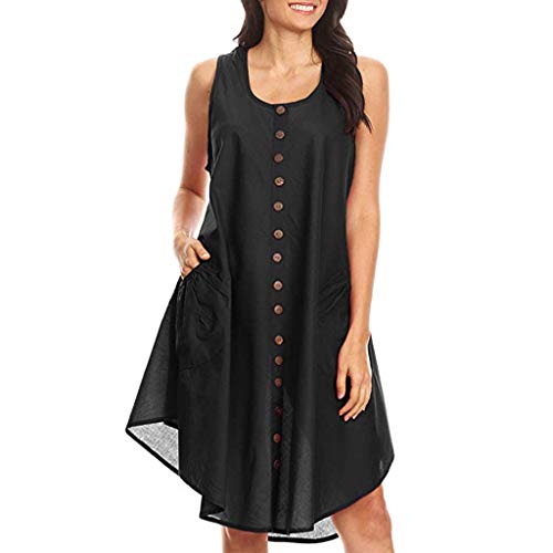 pitashe Women Tank Dress Ladies Summer Round Neck Sleeveless Buttons Loose Solid Tank Dress with Pockets Casual Swing Dresses Black