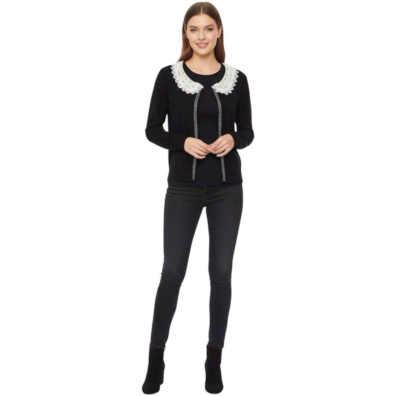 L Black Cardigan for Women Lace Collar Designer Sweater Buttoned Full Sleeve Winter Top-image-37