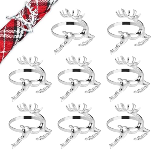 Christmas Napkin Rings - 8Pcs Christmas Silver Metal Reindeer Napkin Xmas Holiday Napkin Ring for Christmas Table Decor, Wedding, Xmas, Party Dinner, Thanksgiving