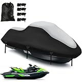 Copertura per Jet Ski, 900D Nano Rivestimento Impermeabile per Jetski e Barche, 2 Aeratori UV Resistente per Sea DOO, Kawasaki, Waverunner Polaris (900D-320-343CM-Argento Nero)