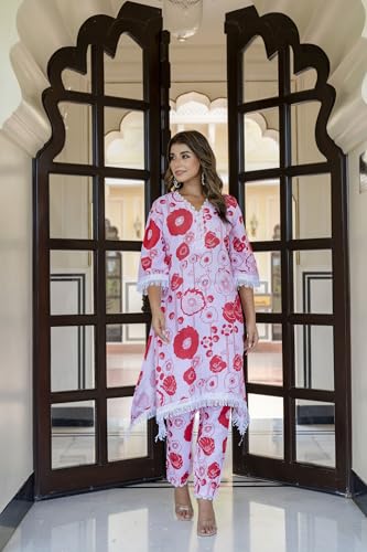 Image of LookMark Women Printed Cotton Blend Straight Kurta Pant Set with Lace - Comfortable Ethnic Wear for Women, Elegant Design, Suitable for Various Occasions