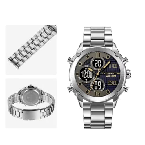 Relógio Digital Analógico Masculino, Pulseira de Aço Inoxidável, Mostrador Duplo Com Alarme e Luz de