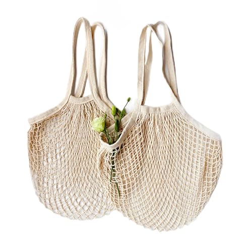 2er Set Einkaufsnetze aus Bio-Baumwolle – Langem Tragegriff (Hand- & Schultertragbar) | Wiederverwendbare, Nachhaltige & Robuste Einkaufs- & Strandtaschen für Obst/Gemüse/Sandspielzeug (Beige)