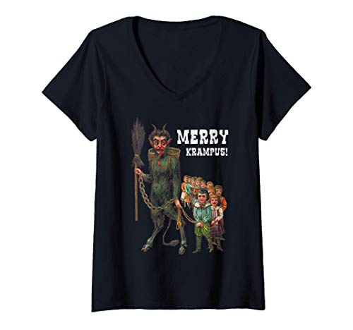 Womens Vintage Krampus Creepy Christmas Holiday Merry Krampus V-Neck T-Shirt