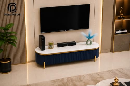 Image of Mazzo Modern TV Unit /Console - 70 inchx12 inchx18 inch White Marble Top with Golden Acrylic, Waterproof Plywood & Charcoal Louvers - Media Cabinet | Modern TV Stand Console Without Storage (Blue)