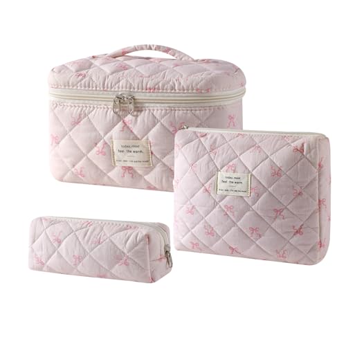 uekeboag 3Pcs Quilted Cotton Makeup Bag,Coquette Quilted Toiletry Bag for Women and Girls,Floral Coquette Pouch,Cute Kawaii Travel Cosmetic Bags(3Pcs Small Bow)