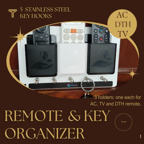 Image of Rainbow Dots ABS Remote Holder with Stainless Steel Key Hooks & Mobile Stand - Modern Wall Mount Organizer for Living Room, Entryway & Office (Black & White Remote)