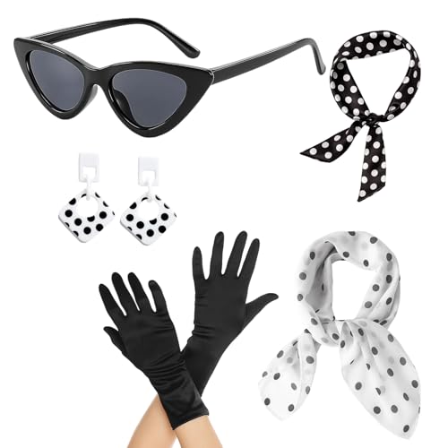 DqiUnaX 50er Jahre Outfit Damen, Rockabilly Accessoires Damen, Vintage Mode Set Mit Schwarz-Weiß Punkten, 7 Stück Retro Party Zubehör Für 1950er...