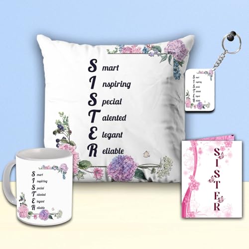 Image of Gift for Sister | Sister Quoted Keyring with Coffee Mug and Cushion| Combo Gifts for Sister on Birthday, Raksha Bandhan (Pink)