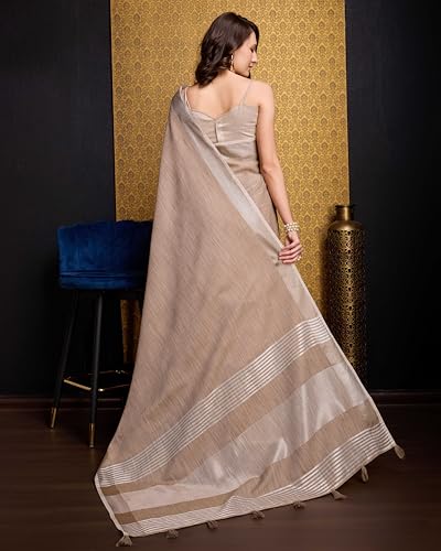 Image of SWORNOF Women's Linen Cotton Silk Saree with Unstitched Blouse Piece | Saree for Women | Saree with Blouse Piece | Soft and Skin Friendly