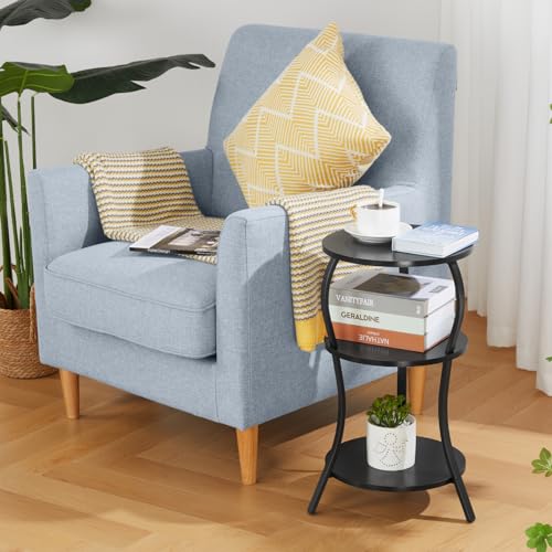 Vintage Small Round Side Table, 3-Tier Slim Waist Circular End Table with Storage Shelf, Compact Tea Sofa Side Table, Round Corner Coffee Table Nightstand for Living Room Bedroom Small Spaces,Black - Image 3