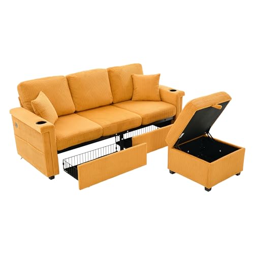 SLEERWAY 76.8" L-Shaped Sofa with Storage Ottoman, USB Ports, Cup Holders&LED Lights, Side Pocket, Comfy Corduroy Modern 3-Seater Small Couch Bed for Living Room with 2 Throw Pillows (Yellow)