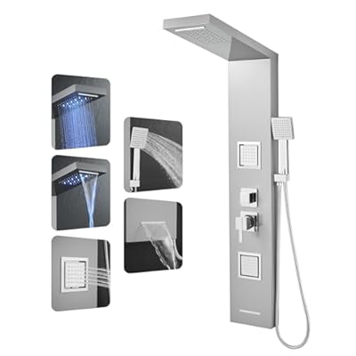 ROVOGO Shower Panel Tower System with Led Lights, Rainfall Waterfall Shower Head, 2 Big Body Jets, Handheld and Tub Spout, Stainless Steel Shower Column Brushed