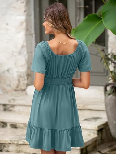 Image of Simplee Womens Summer Dresses 2026 Mini Square Neck Casual Short Sleeve Shirred Flowy A-Line Dress with Pockets