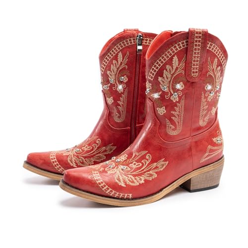 Cowboy Boots for Women, Cowgirl Boots with Sparkly Embroidered Rhinestones, Short Western Ankle Boots for Women with Side Zipper Pull On2
