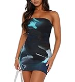 Hupplle Women's 2025 Floral Mini Bodycon Dress Sexy Strapless Tube Ruched Stretchy Party Club Night Out Short Outfits Dresses (US, Alpha, Small, Regular, Regular, Black-Blue)
