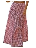 GORGLITTER Women's Gingham Skirt Plaid High Waist Summer Casual Trendy A Line Maxi Skirts Red and White Small