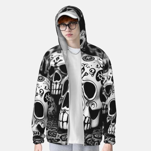 Chaqueta ligera de sol con capucha y calaveras blanco y negro miniatura 2