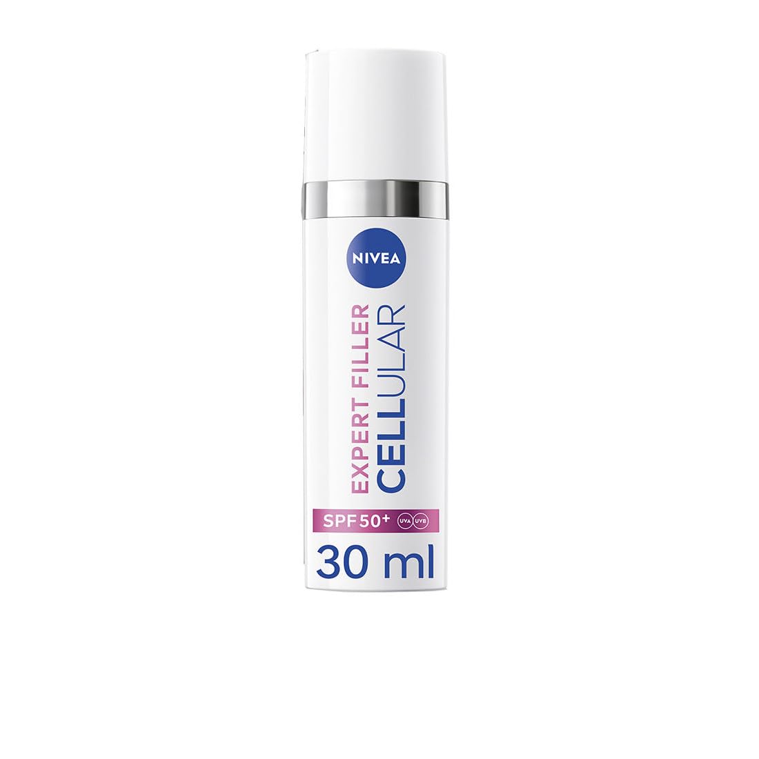 NIVEA Cellular Expert Filler – Tagesflüssiges UV-Serum – Sonnenschutz LSF 50+ – mit Hyaluronsäure und Lycocalcon A – schützt und spendet Feuchtigkeit, Anti-Aging, Grundierung, alle Hauttypen – 30 ml