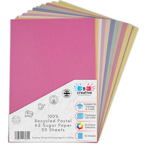 Papel de azúcar reciclado A2, colores pastel, 50 hojas grandes en 10 colores surtidos, ideal para artes y manualidades infantiles, dibujo, pintura y libros de recortes, tamaño de hoja de 60 x 42 cm