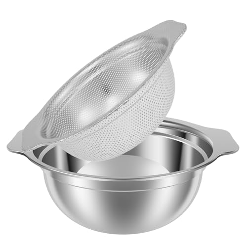 Juego de 2 coladores microporosos de acero inoxidable con cuenco de melaza, colador de arroz resistente, juego de coladores multifuncionales para lavar y gotear frutas (23 cm)