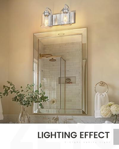 Image of zeyu 12.5 Inch Modern Bathroom Vanity Light Fixtures, 2-Light Wall Mirror Light for Bathroom, Brushed Nickel Wall Sconces with Clear Glass Shade, ZSL72B-2W BN