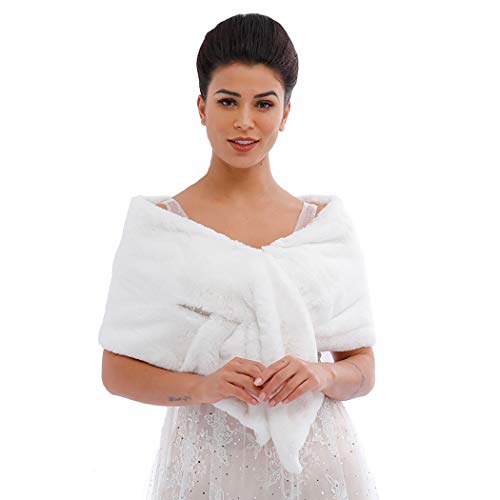 Women's Long 1920 Faux Fur Shawl Bridal Wedding Fur Wraps and Shawls Faux Mink Shawl (White, Faux Fur Rabbit)