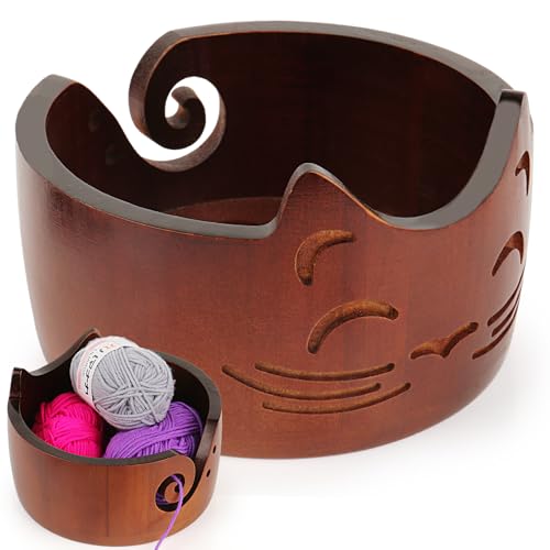 Coopay Katze Garnschale für Wolle, 17x10cm Walnussfarbe Holz...