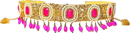 Duchess Pink Golden Beaded Designer Tasselled Cloth Waist Saree Belt and Kamarbandh for Women
