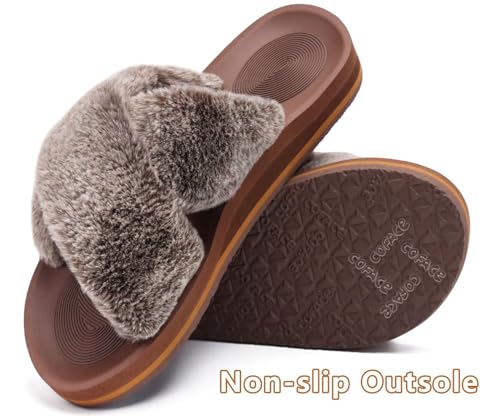 Image of COFACE Womens Fuzzy Slides Fluff Faux Fur Cross Slippers Open Toe Yoga Mat House Slipper Sandals With Arch Support For Indoor /Outdoor