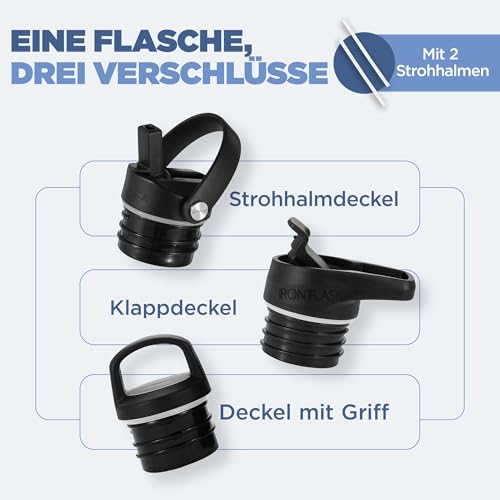 IRON °FLASK Edelstahl Trinkflasche mit 3 Deckel - Auslaufsicher Thermosflasche - Metall Wasserflasche Doppelwandig Isoliert BPA-freie fur Sport Schule Fitness Camping 3
