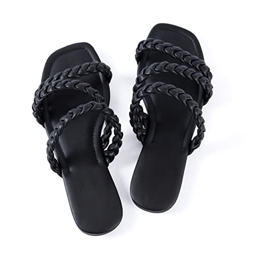 Image of Mtzyoa Women's Strappy Flat Sandals with Toe Ring | Lightweight Walking Slides | Summer Beach Wedding Shoes | Black | Casual Dressy Vacation