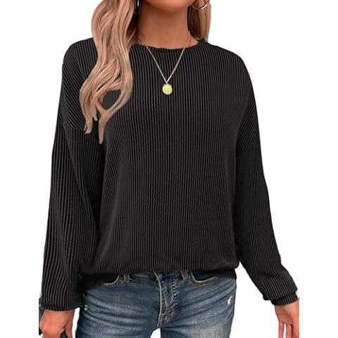 CiCiBird Women Casual Long Sleeve Shirt Tops Fall Loose Knitted Tunic Crewneck Ribbed Drop Shoulder Pullover Darkgrey S Cover