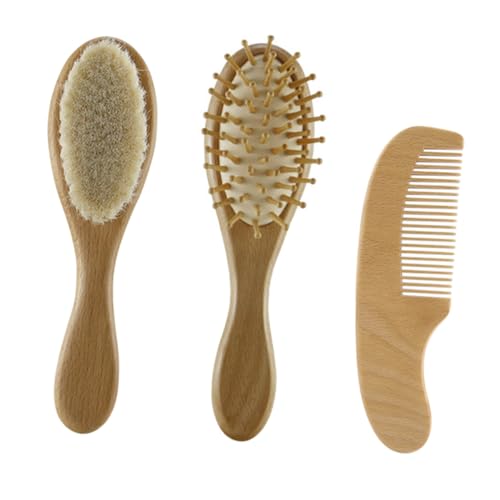 INOOMP 3個ベビーウールブラシ ベビーバス シャワー用洗浄ブラシ 竹製ハンドル コーム付き 優しい肌ざわり ちゃんの頭皮ケアに