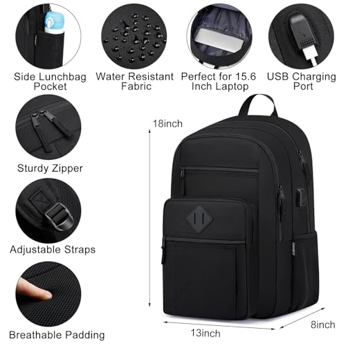 Unisex Black Backpack for School, Lightweight Boys Girls Backpack with USB Port Fits 15.6 Inch Notebook, Water Bottle Pocket - Ideal for Teens, College Students, Adults2