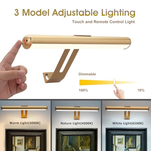 SPARKGEMEI Picture Light, Rechargeable Picture Light for Paintings with Remotes, Wireless Picture Frame Light, 3 Lighting, 300LM Battery Operated Art Light for Display, Picture-Gold