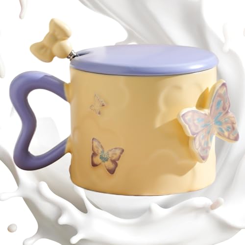 Taza de café de cerámica con diseño de mariposa, vaso de 12 onzas con asa y tapa, regalo perfecto para novia, mamá, mujeres, ideal para el día de la madre u ocasiones especiales, 3.74 x 3.74 x 3.15