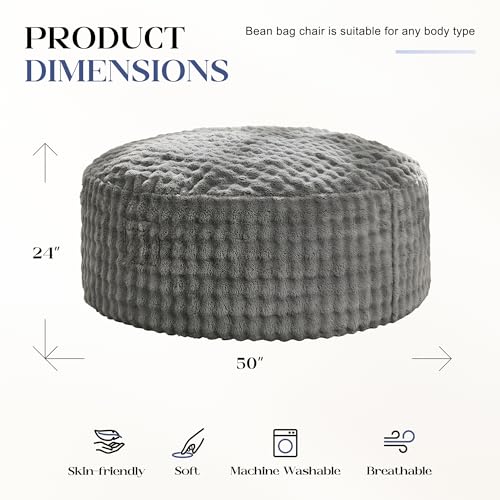 Hobestluk Bean Bag Chairs Beanbag Chair with Filler Adult Bean Bags with Fluffy & Machine Washable Cover, Giant Bean Bag Chairs for Aduts (Grey, 5FT-50\" x 50\" x 24\")
