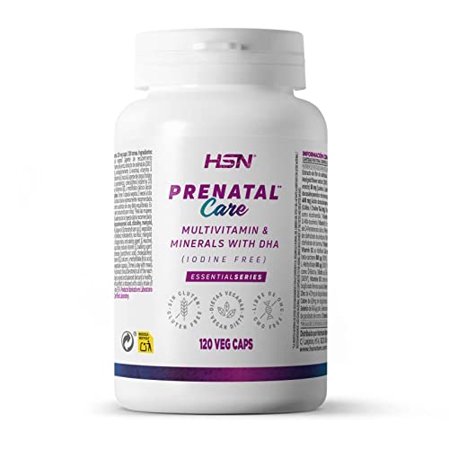 HSN Vitaminas y Minerales para el Embarazo Prenatal Care* sin Yodo | 120 Cápsulas Vegetales | metil-b9, metil-b12, D3 | Con DHA Vegano y Citicolina | No-GMO, Sin Gluten