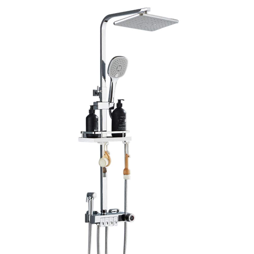 Set doccia miscelatore termostatico nero con display a LED con ripiano 10 x 30 cm doccia a pioggia con spruzzatore miscelatore doccia sistema rubinetto kit doccia con soffione doccia cromato