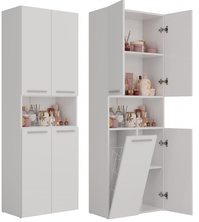 BDW szafka łazienkowa, kosz na pranie, 4-drzwiowa 174 x 60 x 30 cm szafka podblatowa, szafka pod umywalkę, wysoka szafka, meble łazienkowe, szafka łazienkowa, regał łazienkowy, NEL 1K/DK (Biały)
