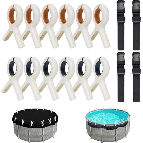 Pool Cover Clips Holder Kit - 12pcs Large Pool Clamps & 4 Side Organizer Straps for Above Ground Pools, 5.1' Heavy-Duty Winter Windproof Clip & Adjustable Side Holders for Outdoor Swimming Pool Cover