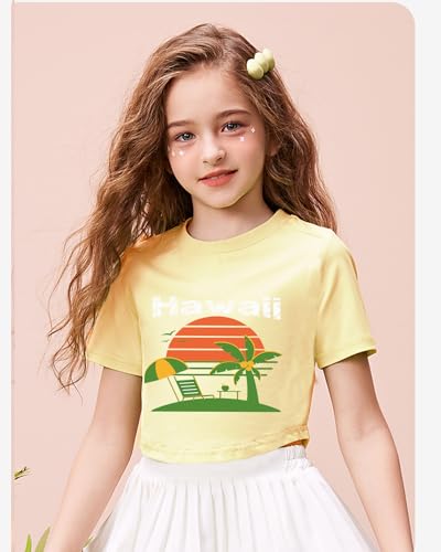 Image of DDSOL Girls Crop Tops Summer Palm Tree Sunset Beach Shirt Hawaii Short Sleeve Tropical Tshirts for Teen Girl 6-14 Years