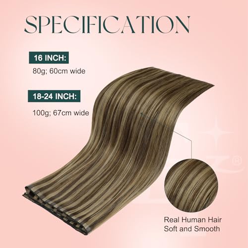 Image of Easyouth 100g Butterfly Weft Human Hair Extensions Brown, OVO Weft Hair Extensions Human Hair, Medium Brown Highlights Caramel Blonde, 18 Inch, Seamless, for Everyday Wear, Remy Human Hair