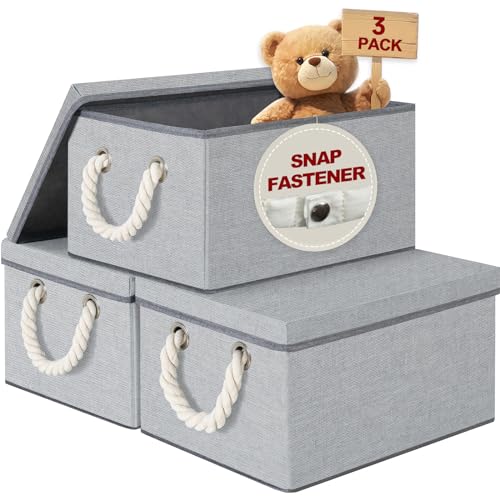 Image of FLYBOX Large Fabric Storage Bins with Lids 3 Pack for Shelves and Closet Organizers | Folding Rectangle Storage Bins with Handles for Cloth and Magazine,Gray,15" W x 10.5" D x 8.5" H