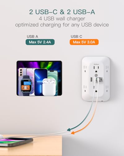 Addtam Surge Protector, 6 Outlet Extender with Night Light and 4 USB Ports