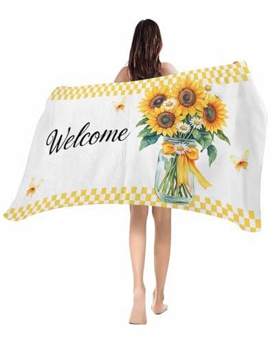 CNNKEPTBLE Oversized Beach Towel, Farm Sunflower Butterfly Daisy Leaves Vase