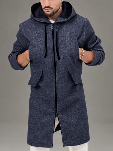 Image of ZIWOCH Mens Trench Coat Wool Blend Hoodie Long Jacket Full Zip Winter Classic Business Overcoat