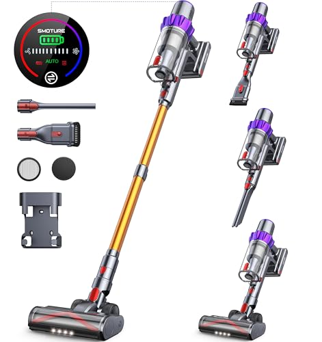 SMOTURE Aspiradora sin Cable, 40000Pa/450W, 55 Minutos de Autonomía, Potente y Vertical, Modo de Succión Automático, Con Luz LED en el Cepillo, Pantalla Táctil LCD, Ideal para Suelos Duros y Alfombras